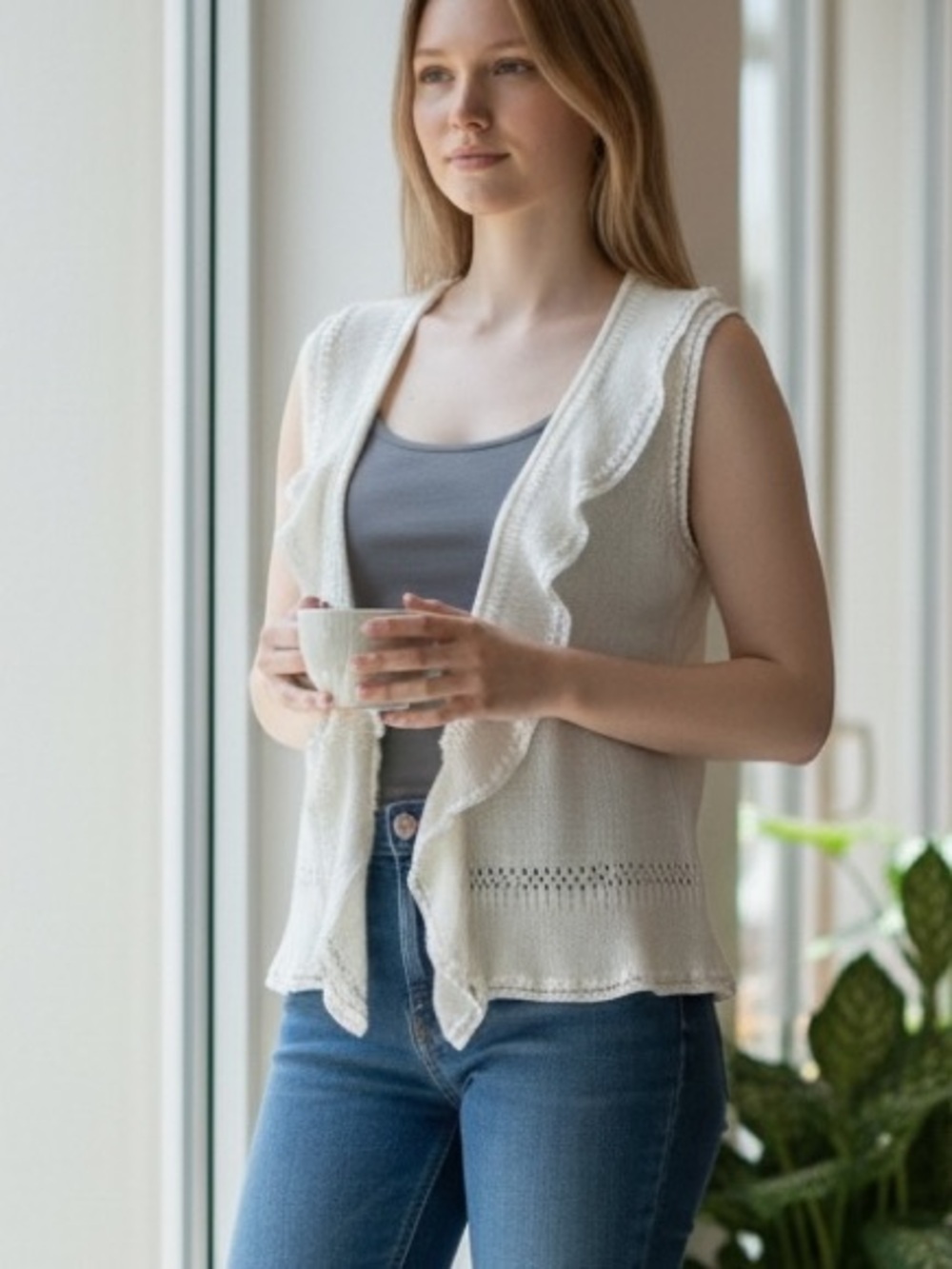 J. J. Basics Mohair Blend Cream Ruffle-Front Sleeveless Knit Vest Top S - Picture 8 of 9